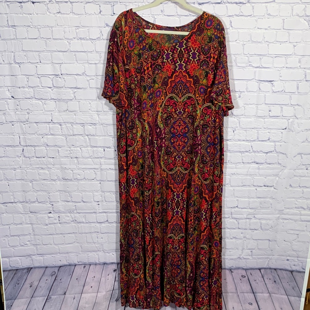 Roaman's Womens Short Bell Sleeve Maxi Dress Printed Multicolor Size 1X Artsy